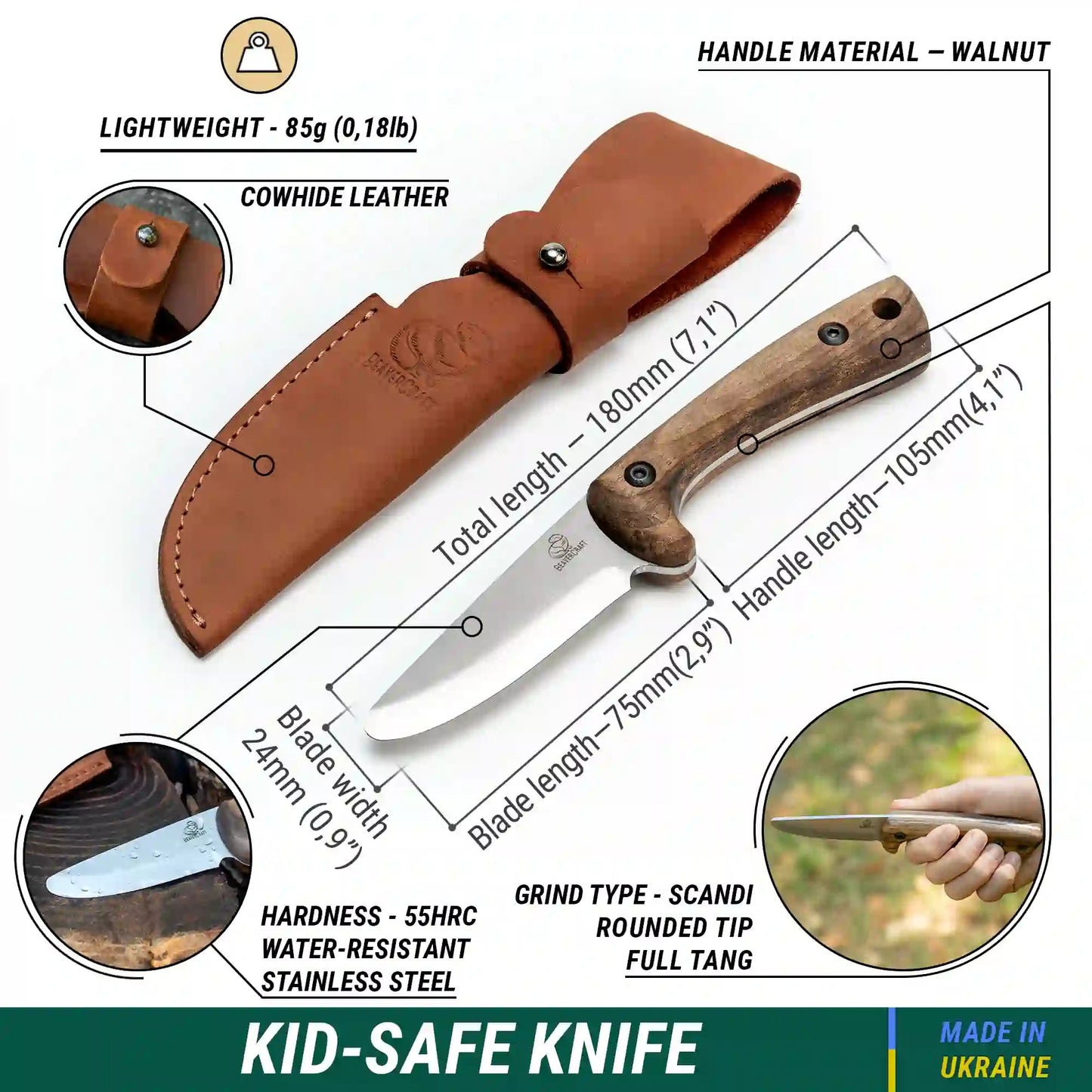 BEAVERCRAFT® Bushcraft Rúnaður Byrjenda Hnífur