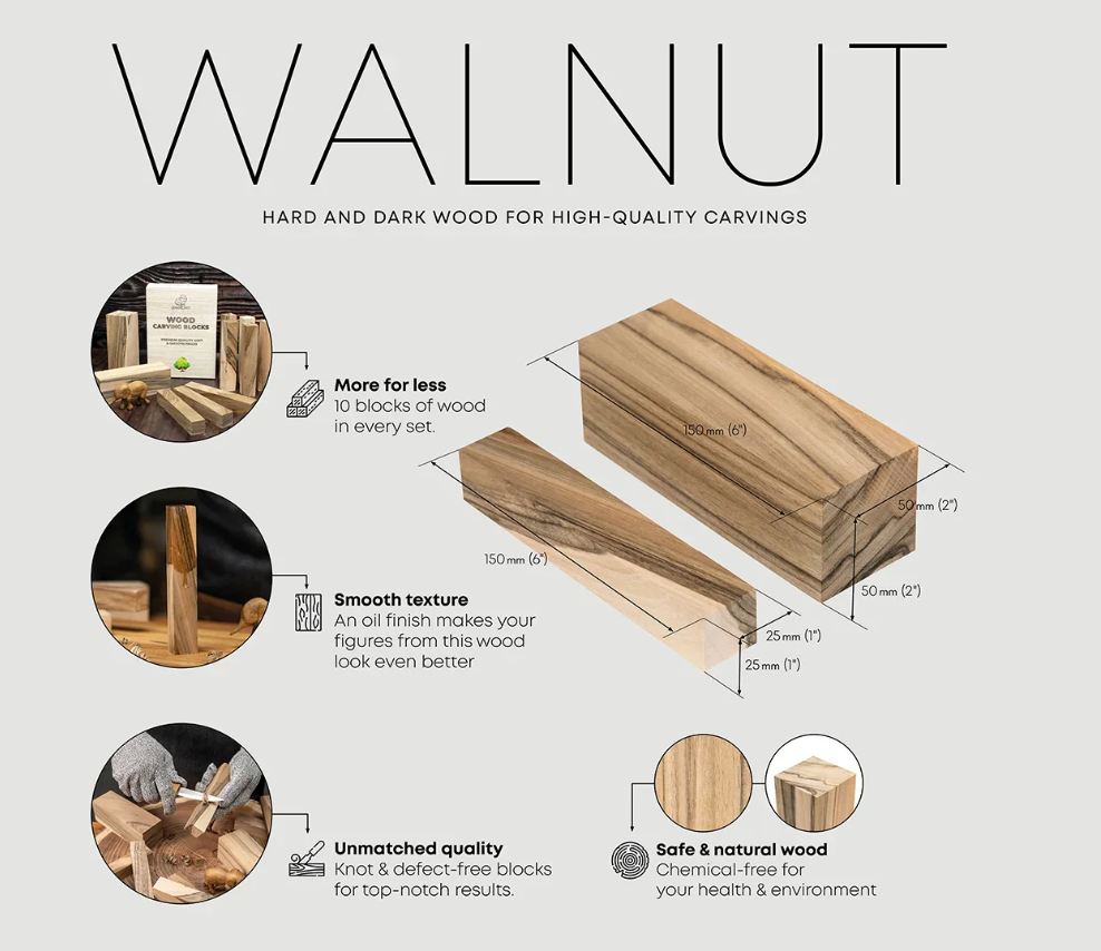 BEAVERCRAFT® BW10 - Viðarkubbar úr evrópskri hnotu, 10 stk