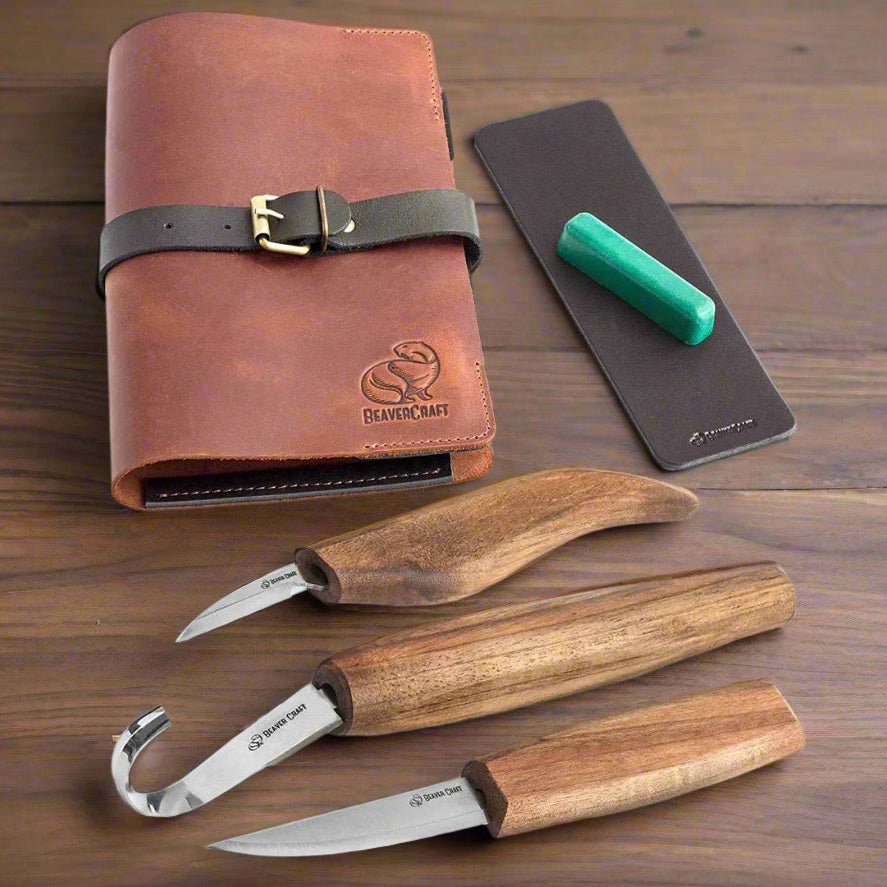 BEAVERCRAFT® Lúxus Skeiðaskurðarsett í leðurtösku (3 verkfæri)