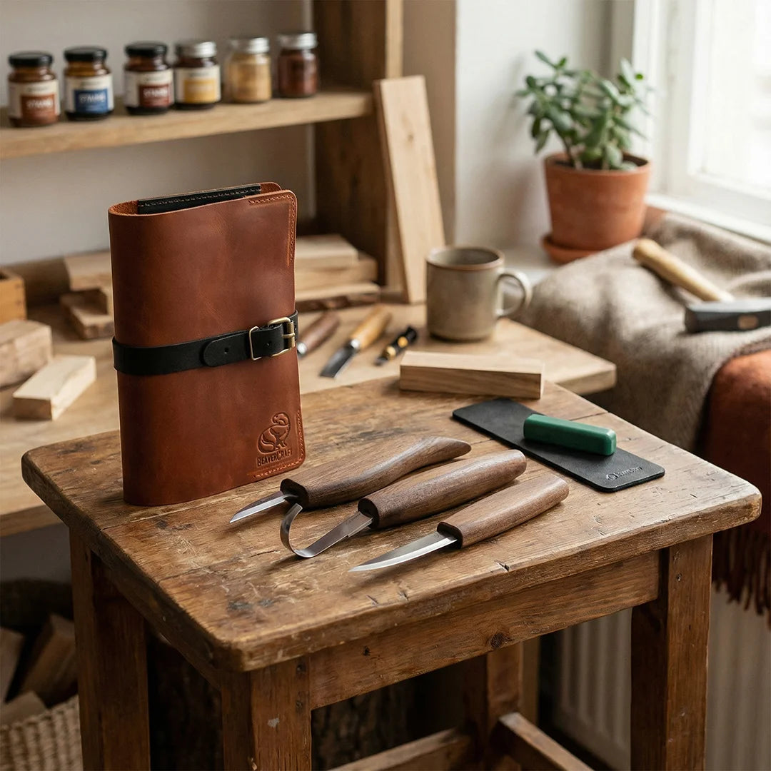 BEAVERCRAFT® Lúxus Skeiðaskurðarsett í leðurtösku (3 verkfæri) S13x