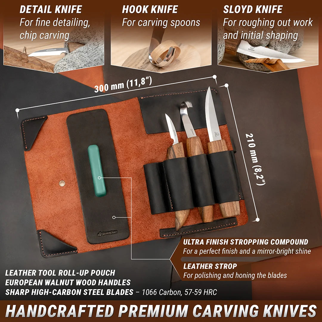 BEAVERCRAFT® Lúxus Skeiðaskurðarsett í leðurtösku (3 verkfæri) S13x