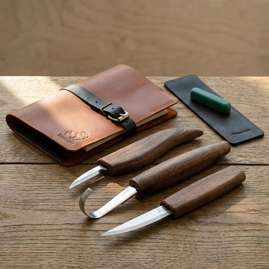 BEAVERCRAFT® Lúxus Skeiðaskurðarsett í leðurtösku (3 verkfæri) S13x