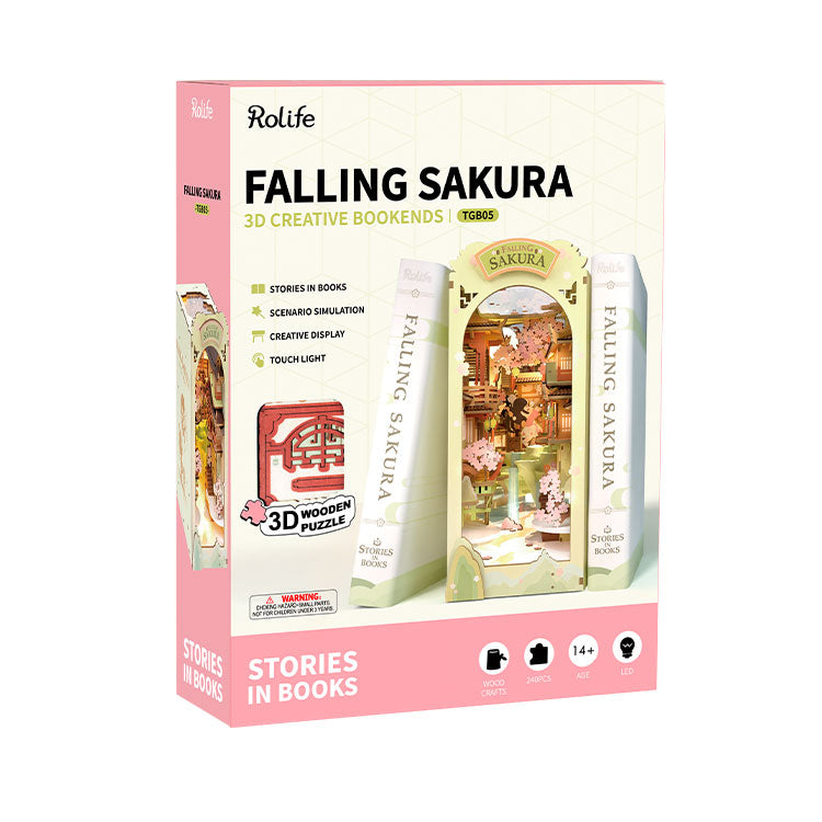 ROLIFE® Þrívíddar viðarpúsl - Bókahorn (Falling sakura)